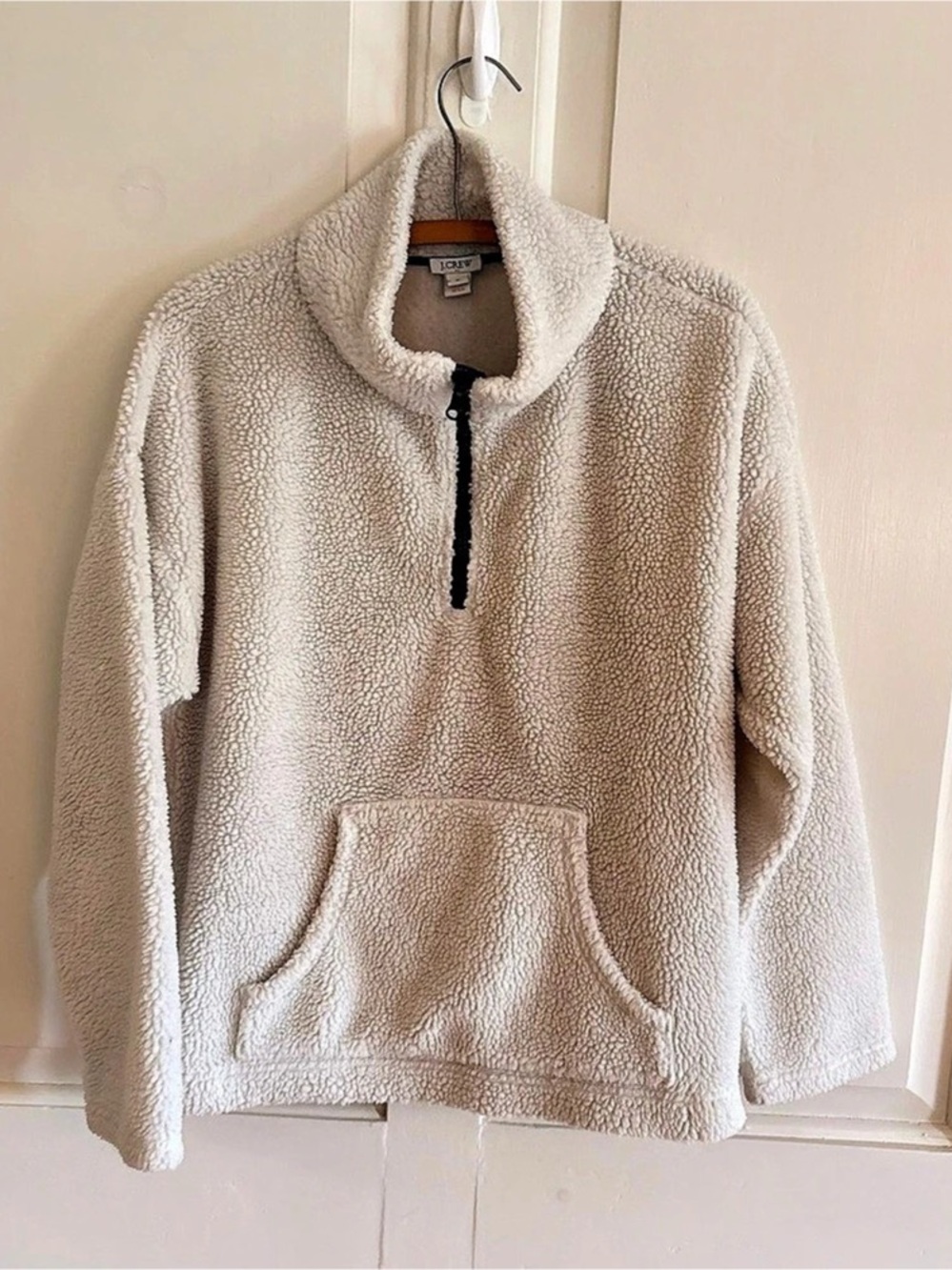 J.Crew Womens Medium Ivory Sherpa Fleece Half Zip Pullover Kangaroo Pock